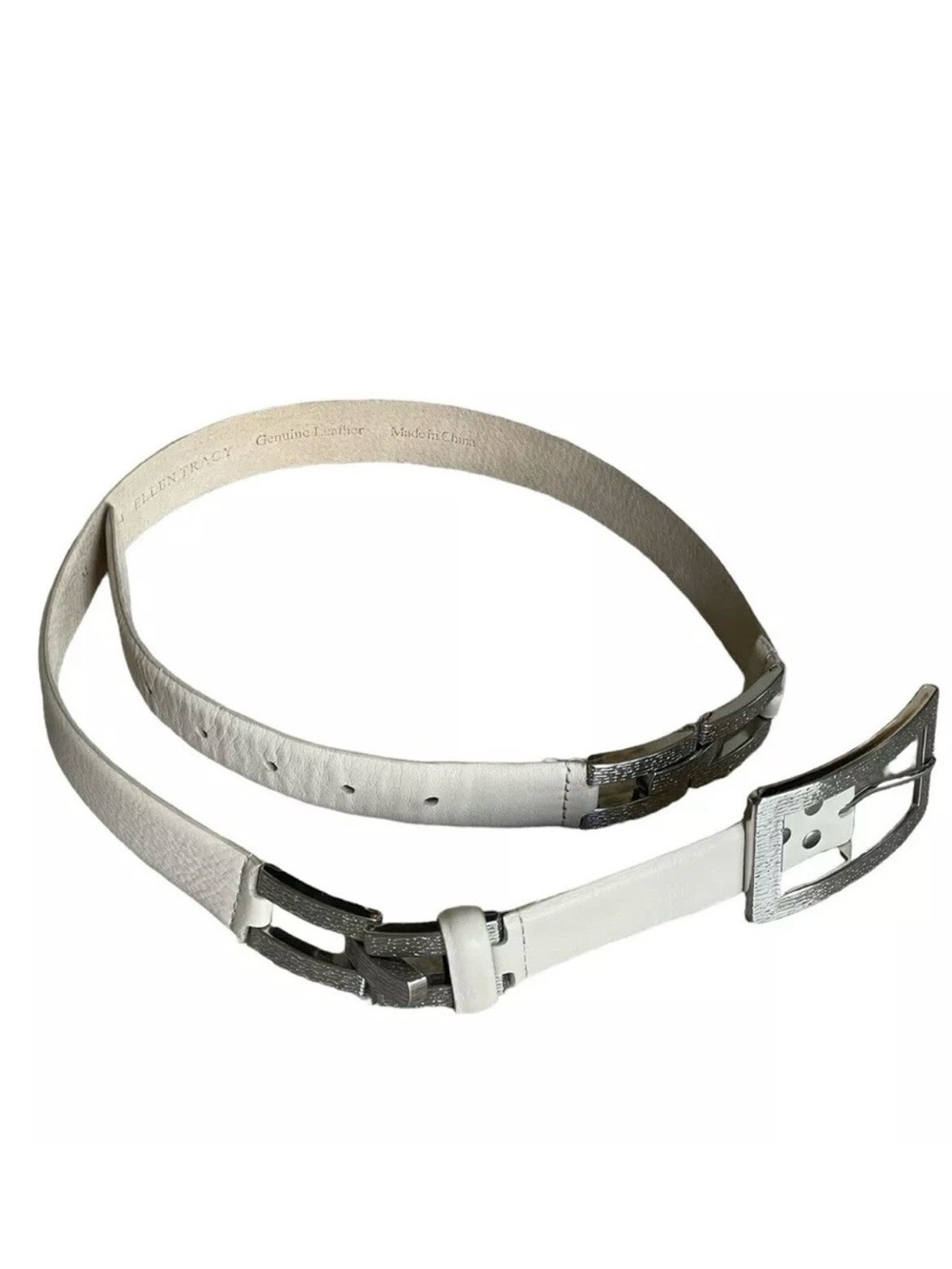 Ellen Tracy READ Women’s MEDIUM 34” Beige Genuine Leather SilverTone Adj Belt